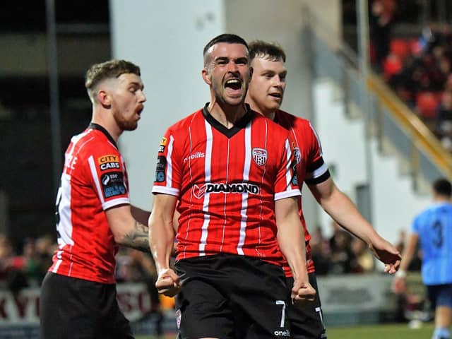 Derry City's Michael Duffy celebrates scoring against UCD at the Brandywell. Photo: George Sweeney