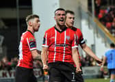 Derry City's Michael Duffy celebrates scoring against UCD at the Brandywell. Photo: George Sweeney