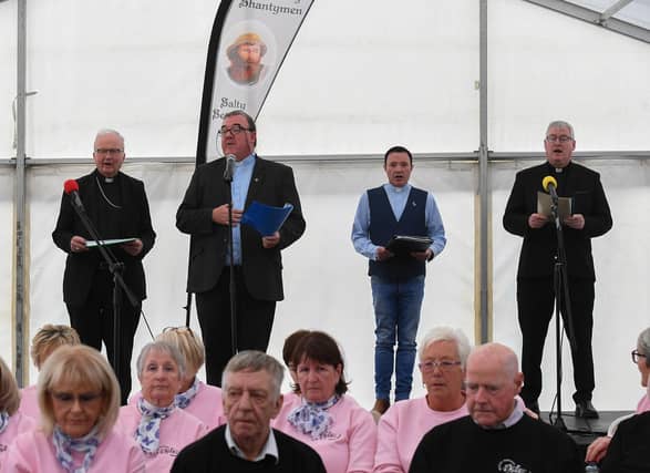 Bishop Donal McKeown, Fr Eddie Gallagher, Rev Alan McCracken and Fr Colm O’Doherty at the 50th anniversary of the blessing of the Greencastle fleet. Photo: George Sweeney