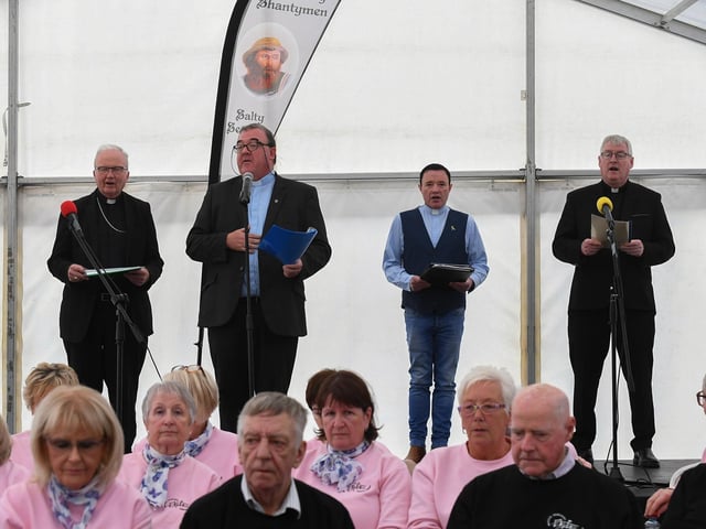 Bishop Donal McKeown, Fr Eddie Gallagher, Rev Alan McCracken and Fr Colm O’Doherty at the 50th anniversary of the blessing of the Greencastle fleet. Photo: George Sweeney
