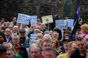 People gathered at a United Against Racism rally in Guildhall Square in 2024. Photo: George Sweeney / Derry Journal. George Sweeney.
