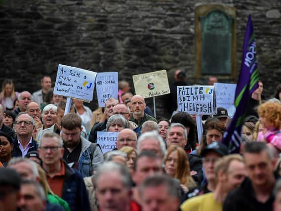 People gathered at a United Against Racism rally in Guildhall Square in 2024. Photo: George Sweeney / Derry Journal. George Sweeney.