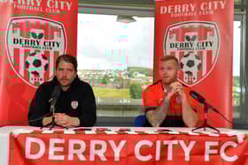 Derry City defender Mark Connolly pictured with manager Ruaidhri Higgins.