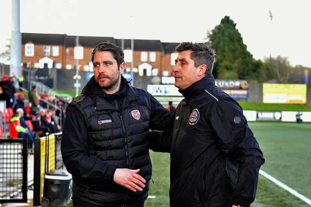 Derry City manager Ruaidhri Higgins greets Bohemian manager Declan Devine at the Brandywell last month. Photo: George Sweeney. DER2315GS – 99