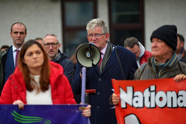 Abuse Victims campaigner Jon McCourt speaking at a protest outside BBC Radio Foyle, on Northland Avenue, on Wednesday afternoon against proposed cuts to jobs and services by BBC Northern Ireland as part of a cost-cutting and restructuring project. Photo: George Sweeney. DER2248GS – 37
