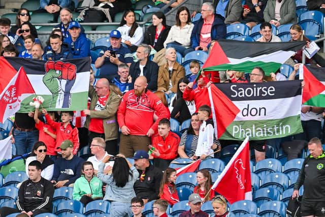 Gearalt O Mianain (on right holding Palestinian flag) among Derry supporters during the Christy Ring Cup final match between Derry and London at Croke Park. (Photo by Stephen Marken/Sportsfile)