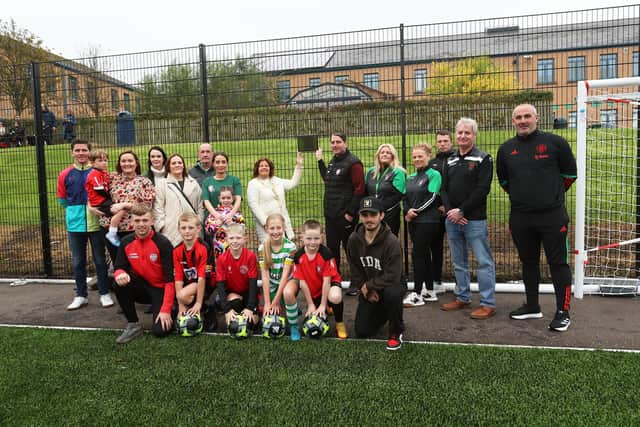 The Mayor of Derry City and Strabane District Council, Patricia Logue and Derry City FC manager Ruaidhrí Higgins pictured opening the new St. Joseph's Boys School 4G pitch on Saturday morning last, before the start of the Annual Sean O'Kane Memorial Cup. The new pitch is named in memory of the former teacher who passed away two years ago. Included in photo are Mrs. Ciara Deane, Principal, Paul Kealey and Fiona Harrigan-Stewart, Vice Principals, Emmett McGinty, Teacher/Organiser, members of the O'Kane family, Derry City FC representatives, players from junior football clubs in the area and Stephen Parkhouse, Manchester United Foundation. (Photo: Jim McCafferty Photography)