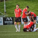 Ben Doherty, Ciaran Coll, Michael Duffy and Sadou Diallo are disconsolate after the FAI Cup penalty shoot out defeat to St. Patrick's Athletic. (Photo: George SweeneyO)