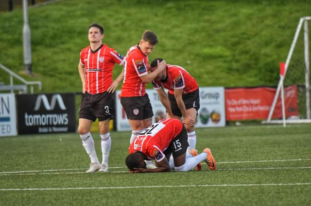 Ben Doherty, Ciaran Coll, Michael Duffy and Sadou Diallo are disconsolate after the FAI Cup penalty shoot out defeat to St. Patrick's Athletic. (Photo: George SweeneyO)