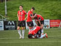 Ben Doherty, Ciaran Coll, Michael Duffy and Sadou Diallo are disconsolate after the FAI Cup penalty shoot out defeat to St. Patrick's Athletic. (Photo: George SweeneyO)