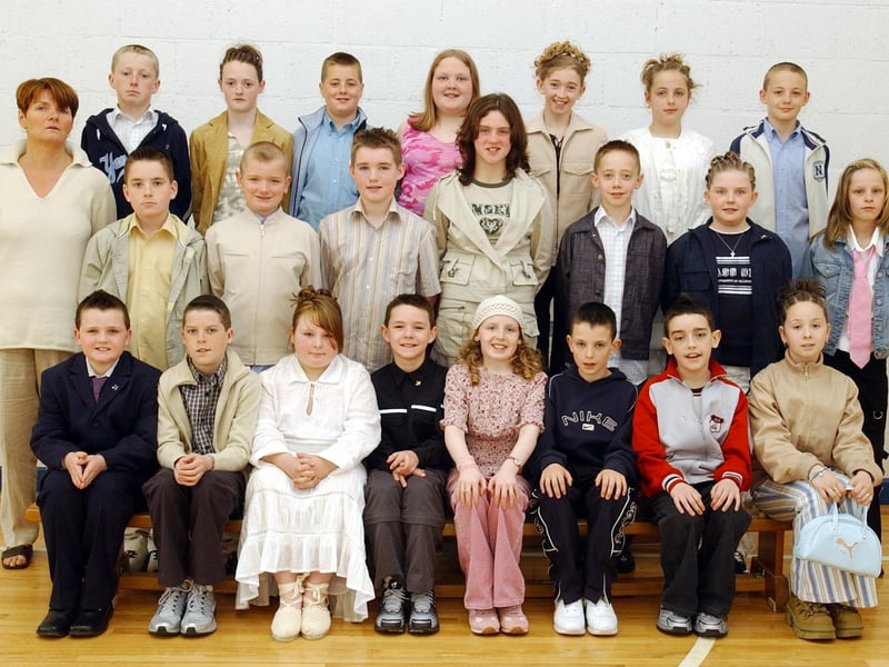Pupils from St Therese's Primary School, Lenamore, who were confirmed in St Joseph's Church, Galliagh, by Most Rev. Dr. Seamus Hegarty, Bishop of Derry. Included is Mrs. Brigid McLaughlin, Class teacher