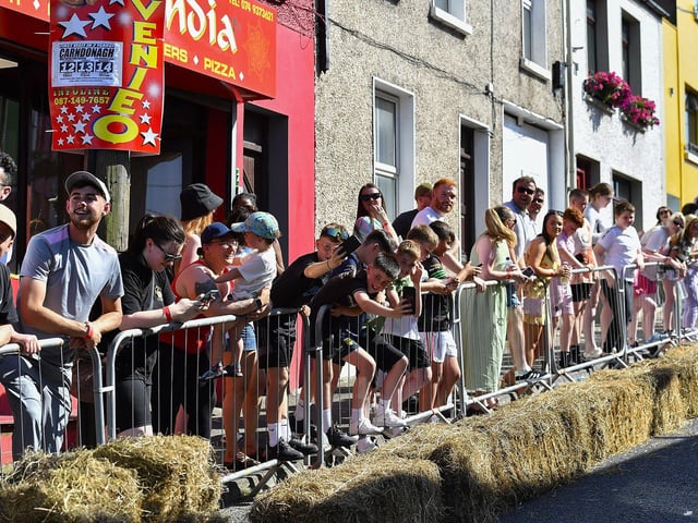 Spectators were treated to spills and thrills during the Carndonagh Festival Soapbox Derby held on the town centre on Saturday afternoon. Photo: George Sweeney