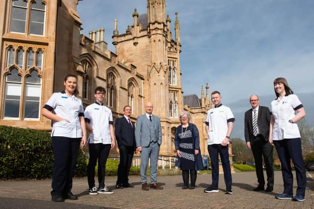 L-R: Megan McCullough (UU student), Jacob Sheerin (UU student), Professor Danny Kerr, Vice-Chancellor Professor Paul Bartholomew, Professor Carol Curran, Richie Laird (UU student), Neil Guckian (Western Trust Chief Executive) and Orlagh Mullan (UU student).