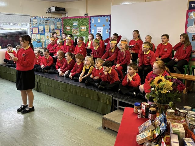 Pupils from Ballougry Primary School pictured at the Harvest Assembly and Food Bank held in the school on Wednesday morning.