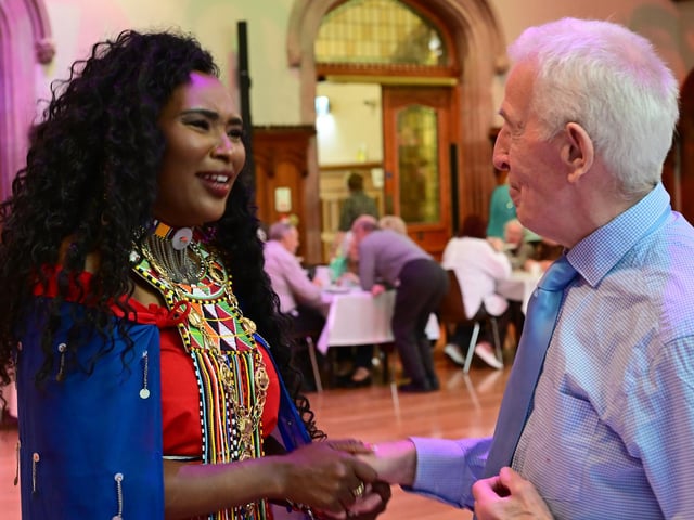 The Mayor Councillor Lilian Seenoi-Barr pictured with, Robert Creswell as she hosted an Afrobeat Tea dance in the Guildhall which blended traditional waltzes with a selection of upbeat tunes bringing people to their feet on the dance floor of the main hall. Picture Martin McKeown. 09.10.24
