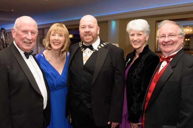 Donald Hill, Judith O’Hare, Rob Donnelly, National President of AIMS (Association of Irish Musical Societies), Valarie Haslett and Colm Moules, AIMS, pictured at Londonderry Musical Society’s 60th Anniversary dinner in the White Horse Hotel. Picture Martin McKeown. 14.01.23