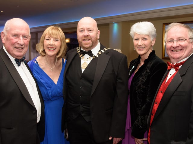 Donald Hill, Judith O’Hare, Rob Donnelly, National President of AIMS (Association of Irish Musical Societies), Valarie Haslett and Colm Moules, AIMS, pictured at Londonderry Musical Society’s 60th Anniversary dinner in the White Horse Hotel. Picture Martin McKeown. 14.01.23