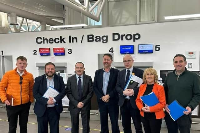 Sinn Féin Foyle MLA Padraig Delargy (left) with party colleagues during a visit to City of Derry Airport where they met with Steve Frazer, City of Derry Airport managing director, fourth from left.