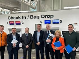 Sinn Féin Foyle MLA Padraig Delargy (left) with party colleagues during a visit to City of Derry Airport where they met with Steve Frazer, City of Derry Airport managing director, fourth from left.