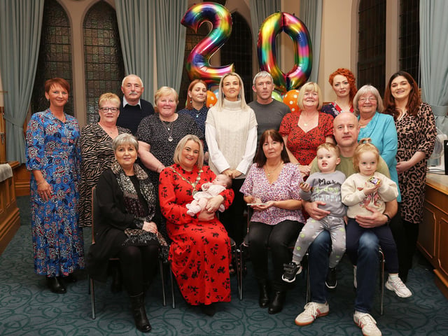 The Mayor Derry, Councillor Sandra Duffy with staff of Shepherd’s View Young Parents Project, at a reception in the Guildhall to mark the 20th Anniversary of the project. Included are Maria Maxwell, manager, and Niall McCarroll, Deputy manager, Shepherd’s View Young Parents Project, and Eileen Best, director of services, First Housing.