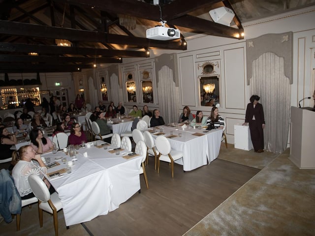 Christine McBride, Minding Mum Project Manager, Waterside Neighbourhood Partnership, introducing Thursday's screening of 'Witches' by filmmaker Elizabeth Shankey at the Rafters Suite at the Ebrington Hotel. (Photos: Jim McCafferty Photography) : .