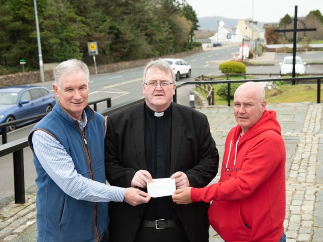 400 Salmon Flies sold to raise funds for Creeslough -
Willy Darragh and James Tobin presenting Fr. Duffy with a cheque for £2940.00 (€3200.00) proceeds of 400 salmon flies sold in two lots by Willy to his friends and contacts across the globe. The flies have been accumulating over a good no of years were never used and and he felt that they might be helpful towards the disaster fund in Creeslough. Willy made that idea a reality and issued a big thank you to all the people who put their hands in their pockets to buy the raffle tickets and help to add to this disaster fund. Photo Clive Wasson