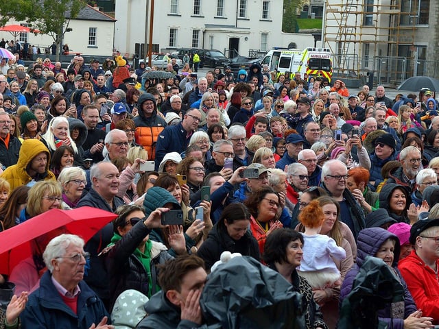 Some of the large attendance at Ebrington Square for Phil Coulter’s  live performance of his iconic hit ‘The Town I Loved So Wel'  on Saturday afternoon last. Photo: George Sweeney.  DER2240GS – 19
