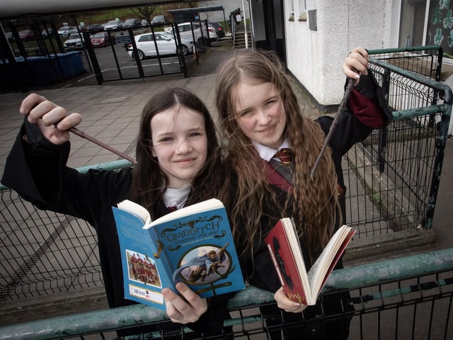 SPELLBINDER!. . . .Ella Walker and Niamh McDaid get in some reading during World Book Day celebrations at Hollybush PS on Thursday.