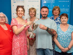 Emmett Gallagher is presented with the Gerard Finnegan Memorial Cup by Dervla and Maire Finnegan. Also pictured is: Violet Toland, Quality Enhancement Curriculum Lead for Higher Education at NWRC, Dr. Catherine O'Mullan, Director of Curriculum and Academic Standards at NWRC, and Roisin Gallagher, Emmett's mum. (Photo: NWRC)