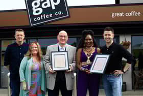 Colr. Terry  Crossan , Leas Cathaoirleach Inishowen Municipal District, and Colr. Lilian Seenoi-Barr , Mayor of Derry City and Strabane, publicly endorse the  North-West Anti-Racism Charter at The Gap Coffee Company, Bridgend, on Friday. Included in the photo are, from left, Conor Sharkey, NW Migrants Forum, Maeve McLaughlin, director, Bloody Sunday Trust, and Niall Cusack, proprietor of The Gap Coffee Company.  Photo: George Sweeney