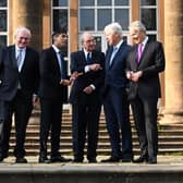 BELFAST, NORTHERN IRELAND - APRIL 19: (L-R) Former Taoiseach Bertie Ahern, British Prime Minister Rishi Sunak, former US Senator George Mitchell, former US president Bill Clinton and former British Prime Minister Sir Tony Blair (R) stand together at Hillsborough Castle for the Gala dinner to mark the 25th anniversary of the Belfast/Good Friday Agreement on April 19, 2023 in Belfast, Northern Ireland. (Photo by Charles McQuillan-Pool/Getty Images)