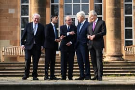 BELFAST, NORTHERN IRELAND - APRIL 19: (L-R) Former Taoiseach Bertie Ahern, British Prime Minister Rishi Sunak, former US Senator George Mitchell, former US president Bill Clinton and former British Prime Minister Sir Tony Blair (R) stand together at Hillsborough Castle for the Gala dinner to mark the 25th anniversary of the Belfast/Good Friday Agreement on April 19, 2023 in Belfast, Northern Ireland. (Photo by Charles McQuillan-Pool/Getty Images)