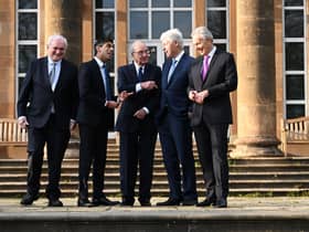BELFAST, NORTHERN IRELAND - APRIL 19: (L-R) Former Taoiseach Bertie Ahern, British Prime Minister Rishi Sunak, former US Senator George Mitchell, former US president Bill Clinton and former British Prime Minister Sir Tony Blair (R) stand together at Hillsborough Castle for the Gala dinner to mark the 25th anniversary of the Belfast/Good Friday Agreement on April 19, 2023 in Belfast, Northern Ireland. (Photo by Charles McQuillan-Pool/Getty Images)