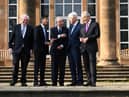BELFAST, NORTHERN IRELAND - APRIL 19: (L-R) Former Taoiseach Bertie Ahern, British Prime Minister Rishi Sunak, former US Senator George Mitchell, former US president Bill Clinton and former British Prime Minister Sir Tony Blair (R) stand together at Hillsborough Castle for the Gala dinner to mark the 25th anniversary of the Belfast/Good Friday Agreement on April 19, 2023 in Belfast, Northern Ireland. (Photo by Charles McQuillan-Pool/Getty Images)