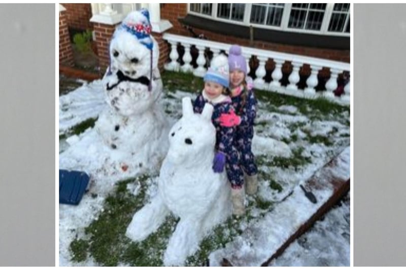 Here we have Lexi and Bobbi with their brilliant snowman and snow dog. Photo: Jemma Lynch.