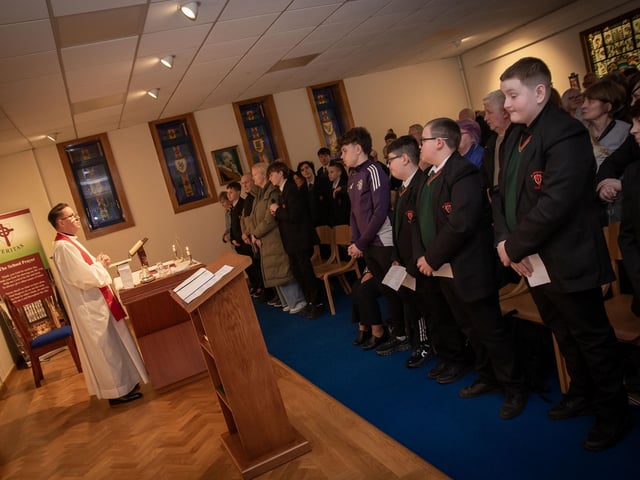 Fr. Shaun Doherty, St. Jospeh's School Chaplain celebrating 'Grandparents To School' Mass at the school on Wednesday afternoon last. (Photos: Jim McCafferty Photography) : .