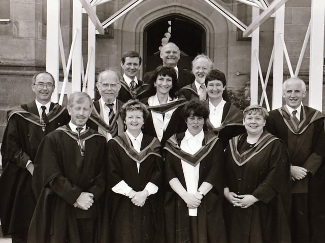 Photographs of students, professors, and proud parents during the Magee graduations in June 1995.