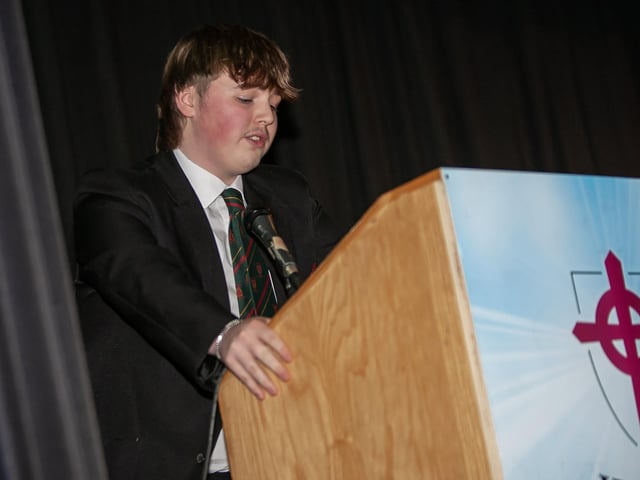 Head Boy Ddeclan Barr,, St. Joseph's Boys School, addressing the attendance at Open Night on Thursday last.