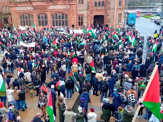 Thousands participate in Derry rally for Palestine calling for a ceasefire in Gaza on January 13, 2024