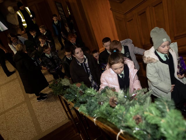 Pupils from Long Tower PS are given a tour of the Guildhall on Thursday morning.