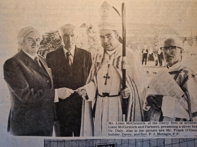 The caption reads: "Mr. Liam McCormick, of the Derry firm of architects, Liam McCormick and Partners, presenting a silver key to Dr. Daly. Also in the picture are Mr. Frank O'Connor, builder, Derry and Rev. P.J Monagle P.P.