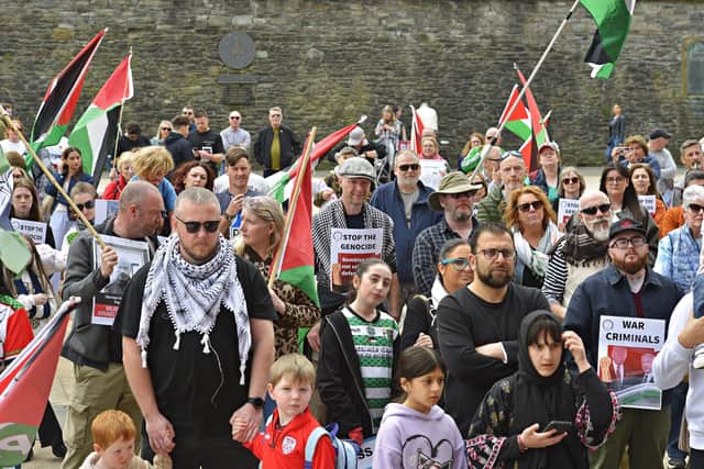Supporters take part in a Freedom for Palestine march and rally, in Guildhall Square, on Saturday afternoon.  Photo: George Sweeney