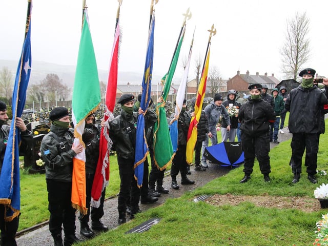 The Colour Party at the IRSP Easter wreath laying commemoration at the Republican Socialist plot, City Cemetery. (Photo - Deirdre Heaney, nwpresspics)