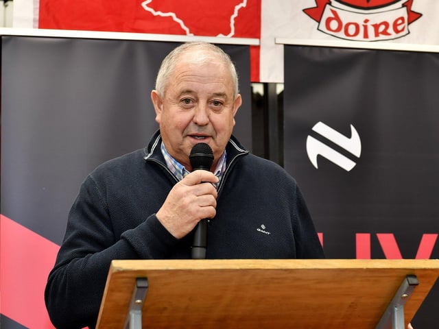 John Keenan, chairperson Derry GAA, speaking at the launch of Derry’s new home and away jersey, for the 2026/2027 season, at O’Neill’s sports store in Waterloo Place on Thursday evening. Photo: George Sweeney