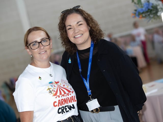Sabrina Lynch, Programmes Manager, OLT and Dubheasa McGrinder, Alzheimer's Society /DEEDS Steering Group, pictured enjoying activities on Tuesday.  (Photos: Jim McCafferty Photography) : .