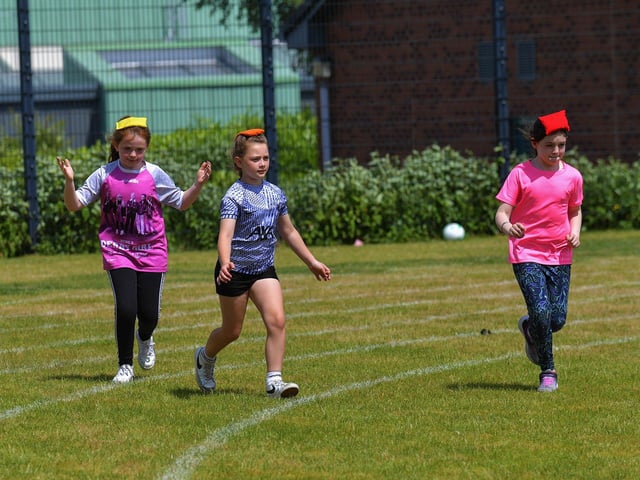 Bean bag race at the Holy Child Primary School sports day held on Monday last. Photo: George Sweeney. DER2325GS – 017