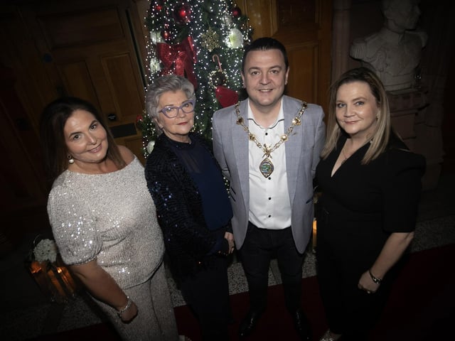 Mayor McHugh pictured with his mum and sisters Sara Quinn and Seodhna Magill  at Friday night's event in the Guildhall, Derry. : Mayor's Charity Ball.