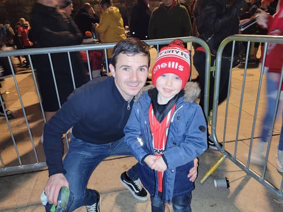 Derry City players' huge welcome home to the Guildhall Square after their FAI Cup Final win.
