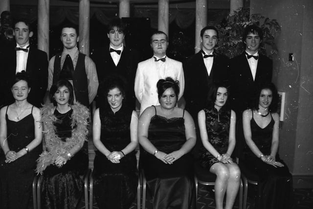 Seated, from left, Paula Logue, Laoiseach Gallagher, Ciara McNally, Colleen Melarkey, Paula Douglas and Orla Burns. Standing, from left, Brendan Fallon, Peter Campbell, Connor McGurk, Frank Dunlop, Eamon McGinnity and Mark Davidson. Pictured at the 1998 Thornhill Formal.