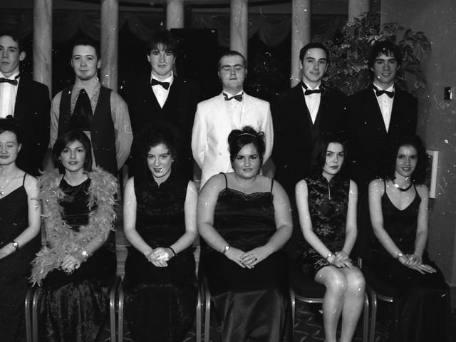 Seated, from left, Paula Logue, Laoiseach Gallagher, Ciara McNally, Colleen Melarkey, Paula Douglas and Orla Burns. Standing, from left, Brendan Fallon, Peter Campbell, Connor McGurk, Frank Dunlop, Eamon McGinnity and Mark Davidson. Pictured at the 1998 Thornhill Formal.